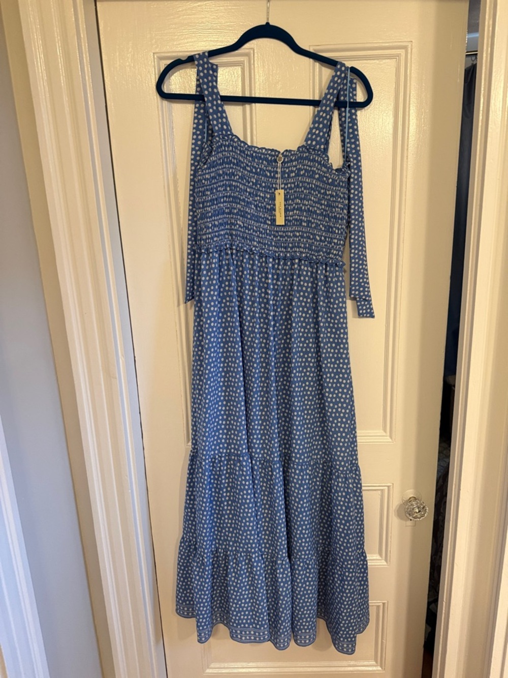 Max studio XL NWT Blue Polka Dot Maxi Dress bow shoulder